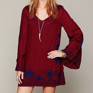 Free People Dress Red Burgundy Skyfall Tunic Embroidered Mini Boho Hippie